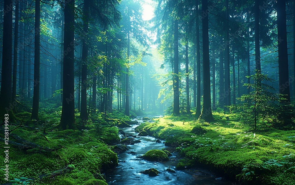 Obraz premium Sunlit stream flows through a misty, moss-covered forest.