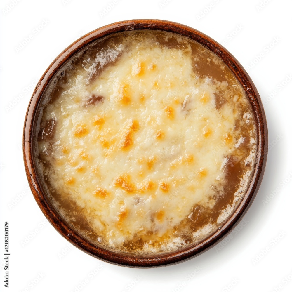 A classic French onion soup with melted gruyere cheese, isolated white background, impressionist art style A classic French onion soup with melted gruyere cheese, isolated white background, impressionist art style