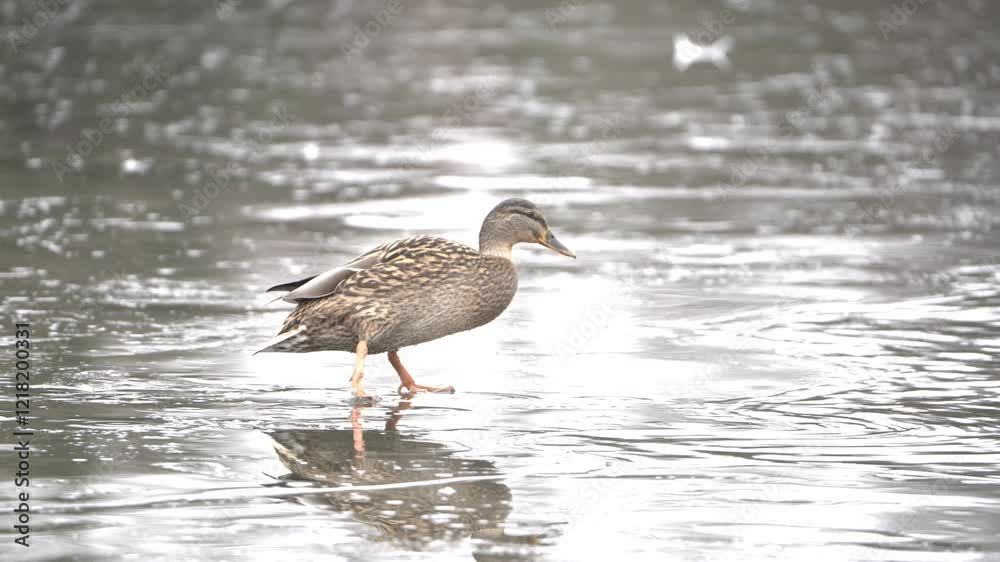 Juvenile brown Herring Gull, frozen surface, pond water, slow motion Juvenile brown Herring Gull, frozen surface, pond water, slow motion