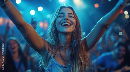 Ecstatic Woman at a Vibrant Music Concert,  Lost in the Rhythm and Energy of the Crowd