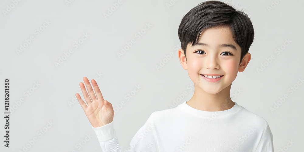 A young boy with short hair, wearing white long-sleeved shirt and smiling at the camera while making an open-hand gesture, generative AI A young boy with short hair, wearing white long-sleeved shirt and smiling at the camera while making an open-hand gesture, generative AI