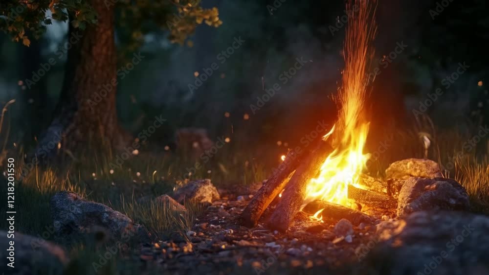 Campfire scene at night in the forest, smooth repeating motion for background video animation Campfire scene at night in the forest, smooth repeating motion for background video animation