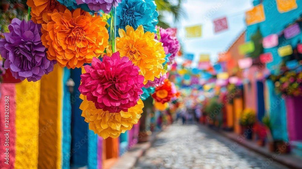 Colorful paper flowers adorn a festive street