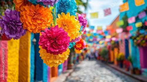 Obraz na płótnie Colorful paper flowers adorn a festive street w salonie