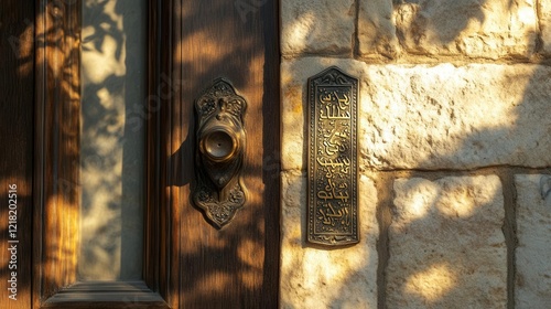 ornate bronze mezuzah with intricate hebrew calligraphy mounted on weathered jerusalem stone doorway warm afternoon light casting gentle shadows photo