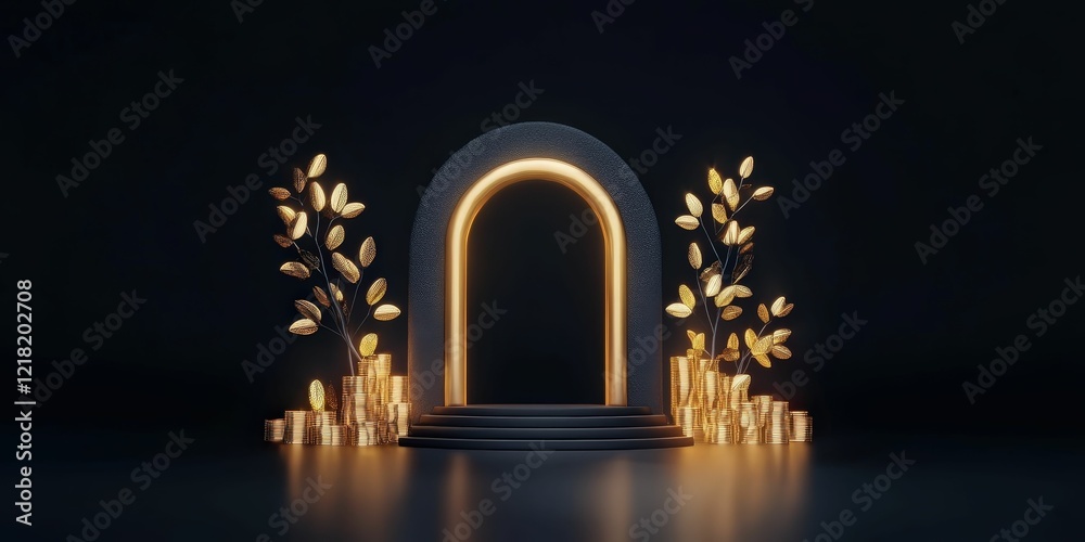 Fototapeta premium Showcasing a money vault on stage with tax reduction icons at a business event in a dark atmosphere