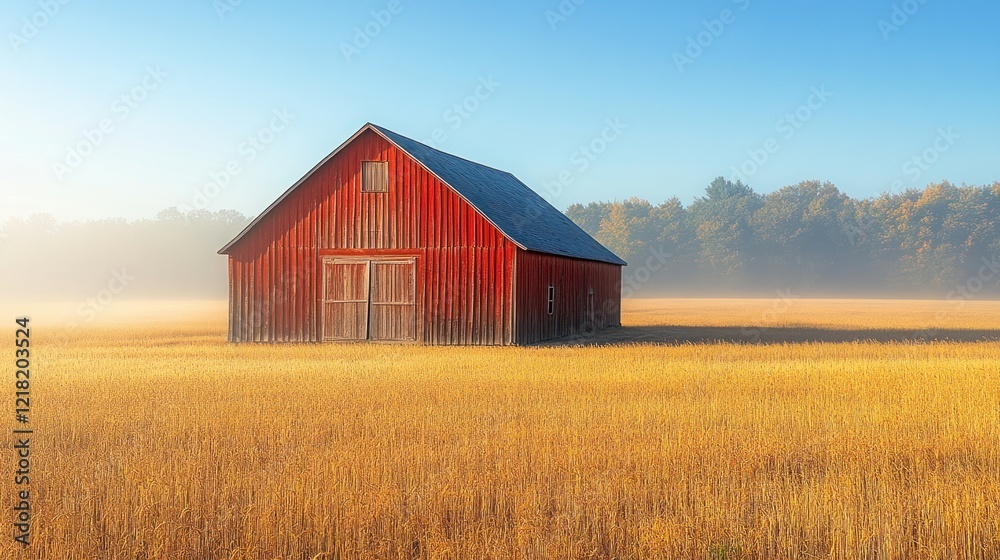 Red barn in a foggy autumn field at sunrise. Red barn in a foggy autumn field at sunrise.