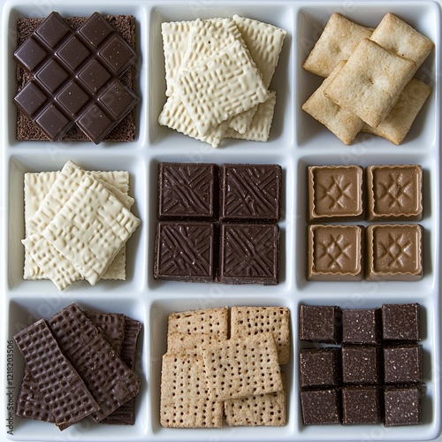 Assorted chocolates and crackers in a tray, overhead shot, snack assortment, food photography, perfect for packaging