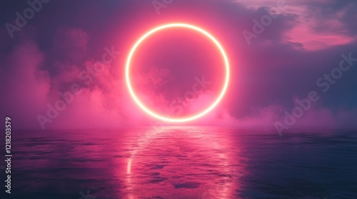 Glowing Neon Circle Above Pink Water Scene