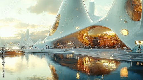 Futuristic city waterfront with unique architecture at sunset.