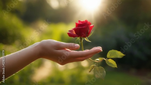 Peaceful Hand Holding Red Rose in Garden  Serene Nature Background, Full Bloom with Soft Sunlight, Floral Concept.