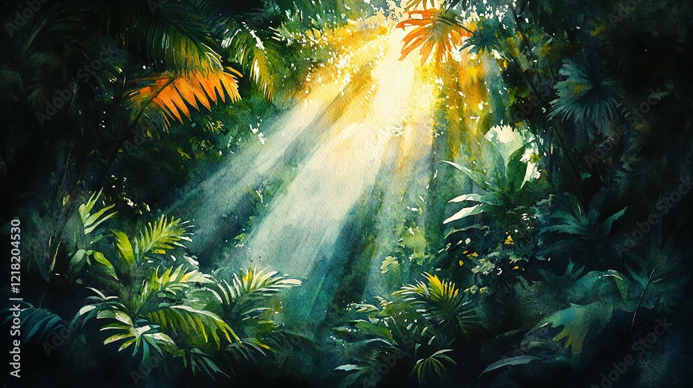 Obraz premium Sunbeams Illuminate Lush Tropical Jungle Foliage