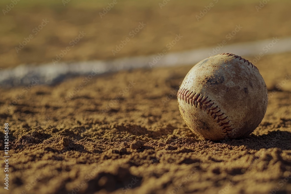 Worn baseball resting on dusty infield dirt near baseline. Worn baseball resting on dusty infield dirt near baseline.