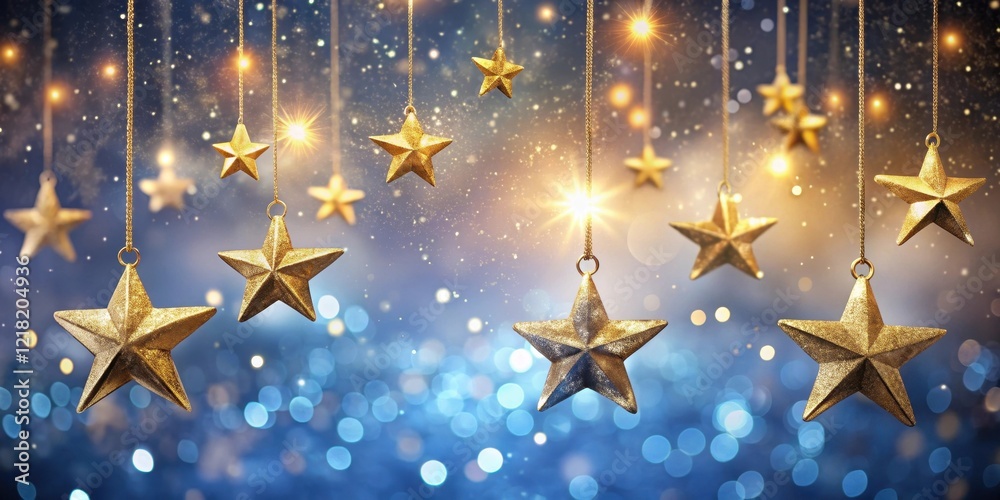 Shimmering Golden Stars Dangling Against a Sparkling Blue Background, Festive Holiday Decoration