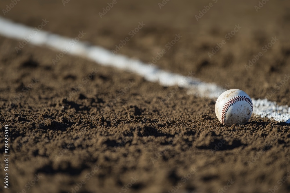 Baseball resting on the infield dirt near the foul line. Baseball resting on the infield dirt near the foul line.