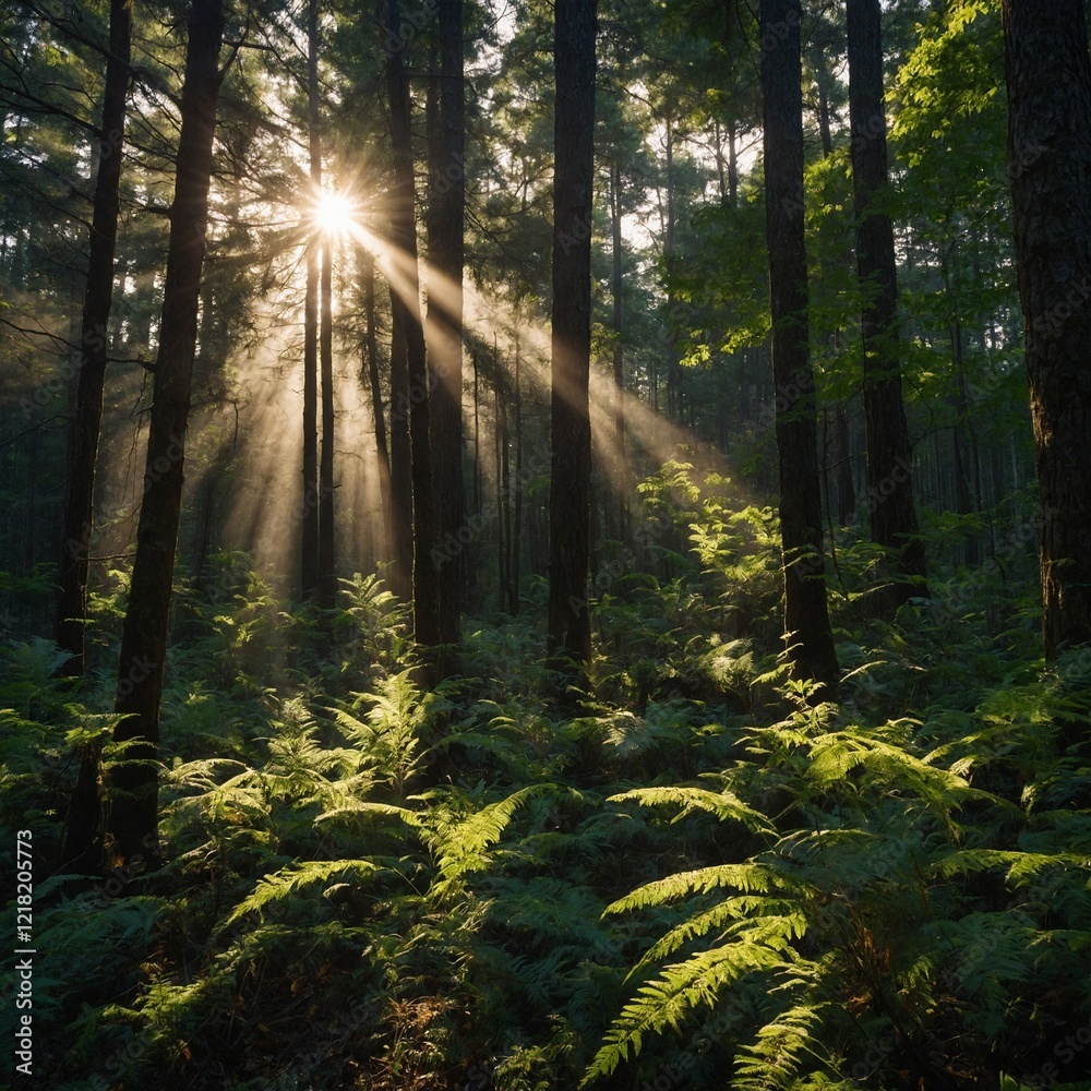 Obraz premium A dense forest with sunlight streaming through the trees.