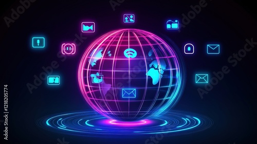 Intricate details of a holographic globe representing global social media connectivity, with floating user icons, with copyspace. 