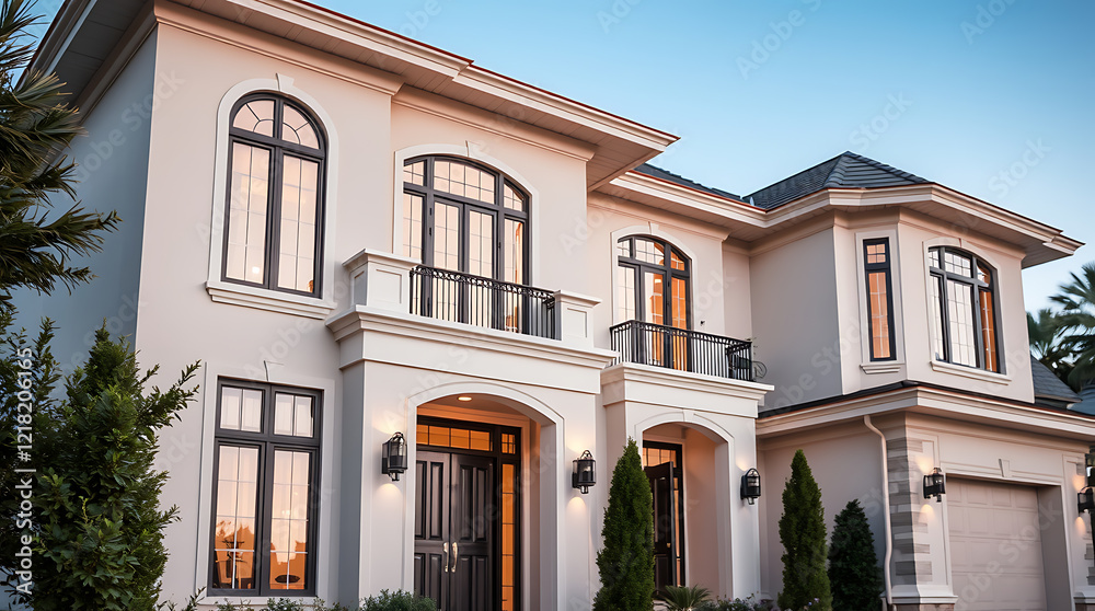 Obraz premium Luxury Home Exterior: Modern Architectural Design, Elegant Facade, Dream House, Real Estate