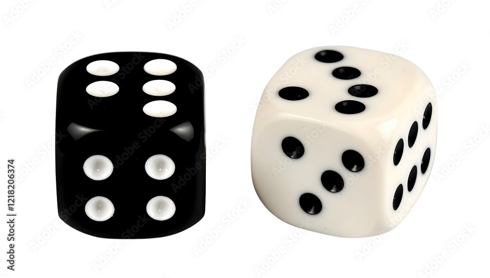 Close-up of black and white dice showing a game of chance. Close-up of black and white dice showing a game of chance.