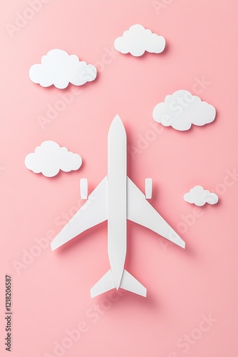 White paper airplane model flying amidst white paper clouds on pink background.