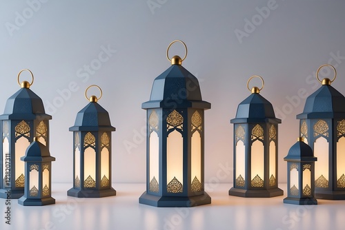 Elegant Blue Lanterns with Warm Light, Perfect for Ramadan photo