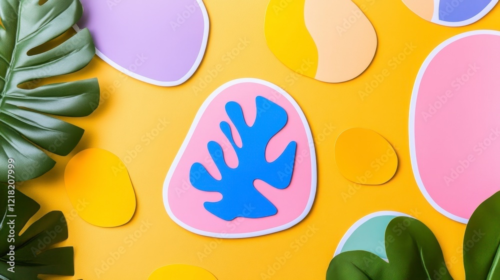 Colorful Abstract Shapes with Tropical Leaves on a Bright Background Colorful Abstract Shapes with Tropical Leaves on a Bright Background