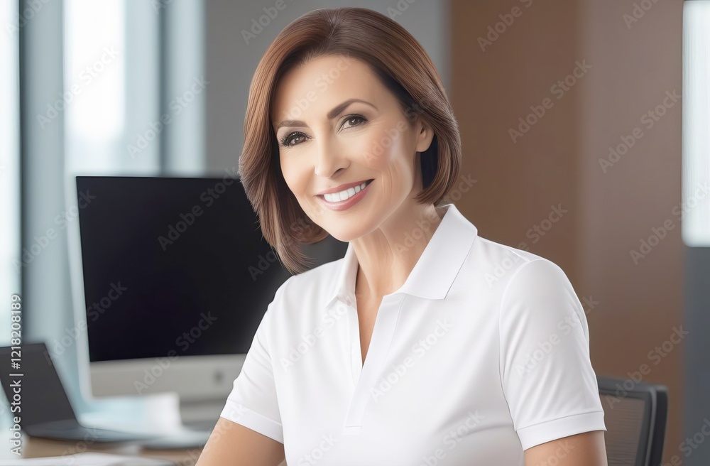 Close-up of smiling confident confident stylish stylish mature middle aged woman sitting in office Close-up of smiling confident confident stylish stylish mature middle aged woman sitting in office