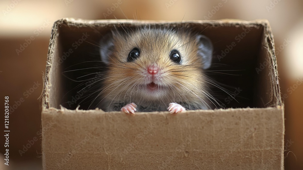 Fototapeta premium Adorable Mouse Peeking From Cardboard Box