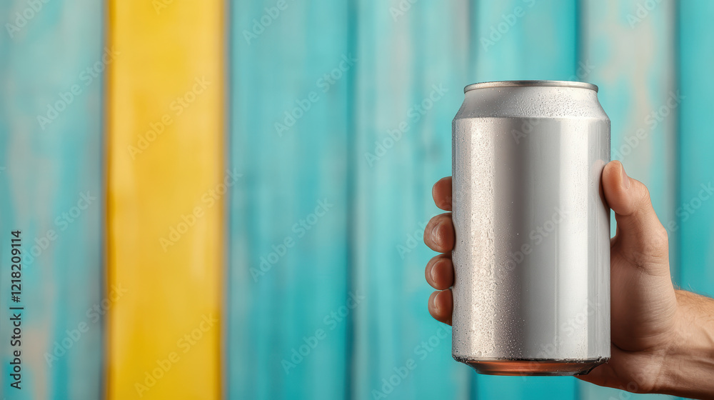 Fototapeta premium hand holding cold, silver beer can against colorful wooden background