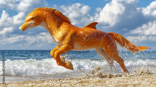 Orange hippocamp galloping beach; ocean background; fantasy illustration photo