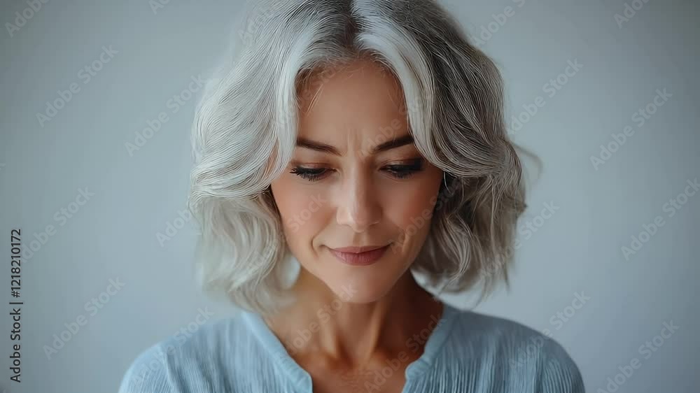 Portrait of a smiling mature woman with gray wavy hair holding a smartphone.