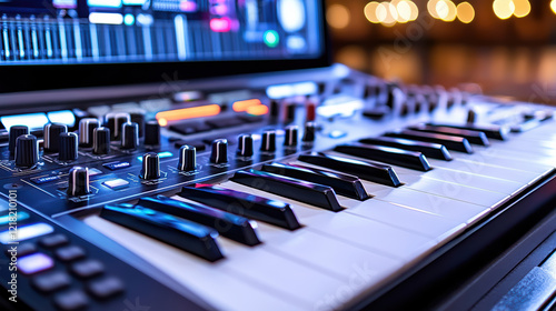 Close up of music mixer with vibrant LED displays and keys