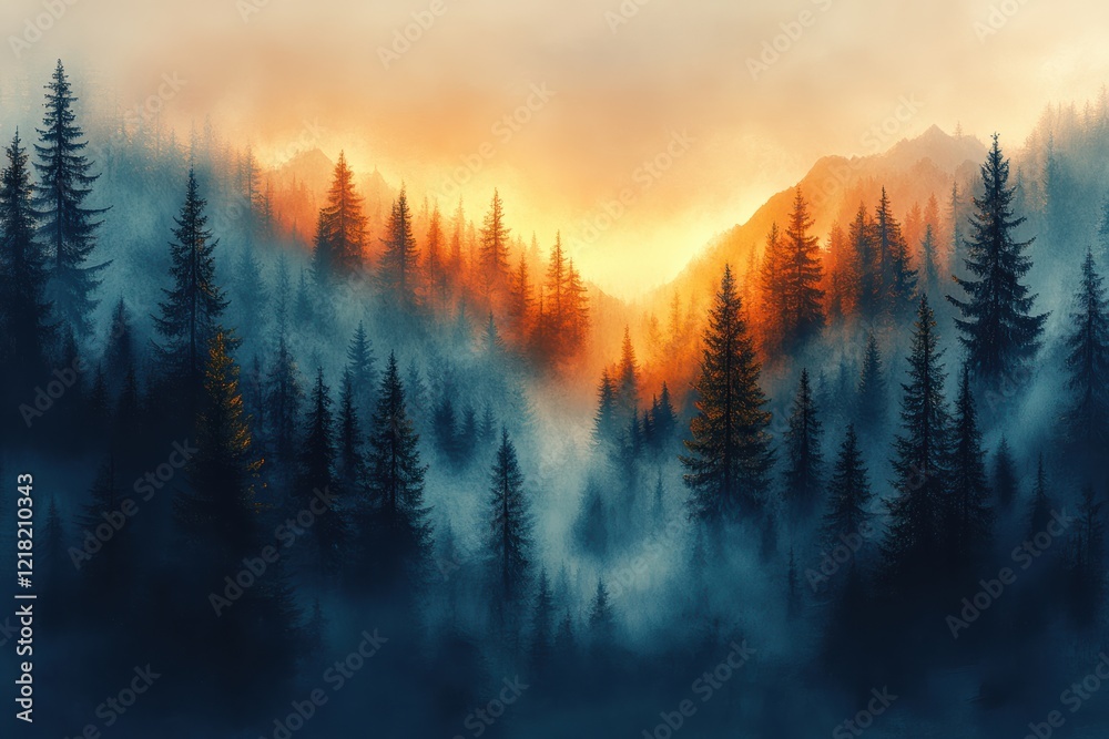 A breathtaking view of misty mountains at sunrise, where fog envelops the forest, creating a serene and tranquil atmosphere to inspire wanderlust.