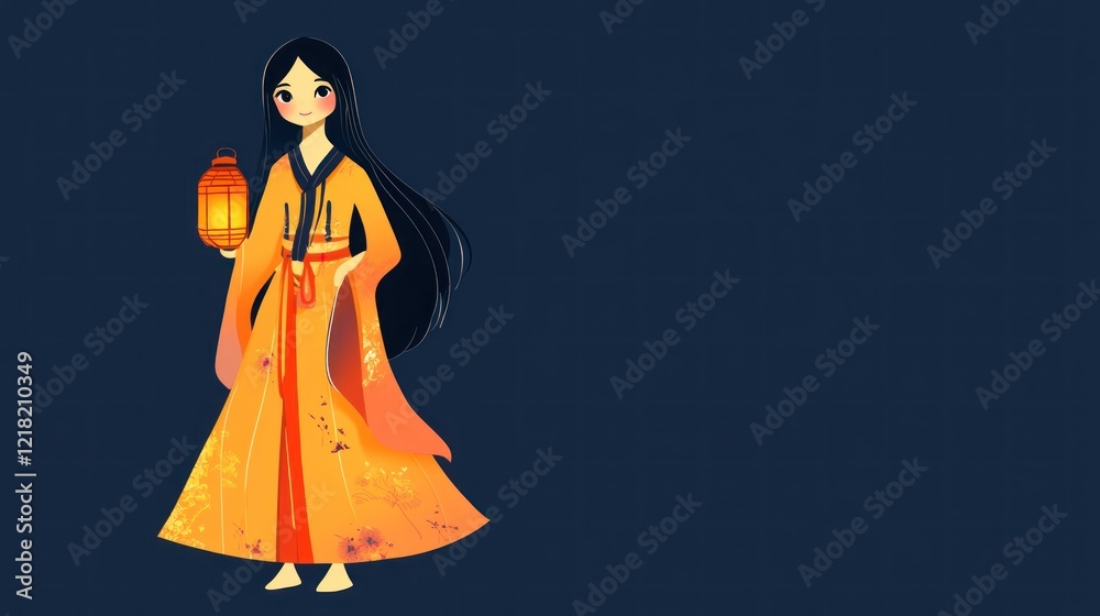 Fototapeta premium Asian girl lantern night festival illustration