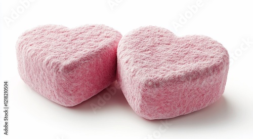 Two Pink Heart-Shaped Marshmallows on White Background