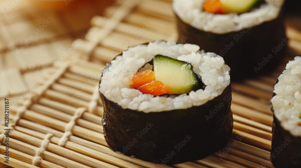 Close-up of rice and vegetable sushi roll with avocado and cucumber on a bamboo mat, emphasizing fresh and crisp flavors. Ideal for sushi enthusiasts and Japanese cuisine. Close-up of rice and vegetable sushi roll with avocado and cucumber on a bamboo mat, emphasizing fresh and crisp flavors. Ideal for sushi enthusiasts and Japanese cuisine.