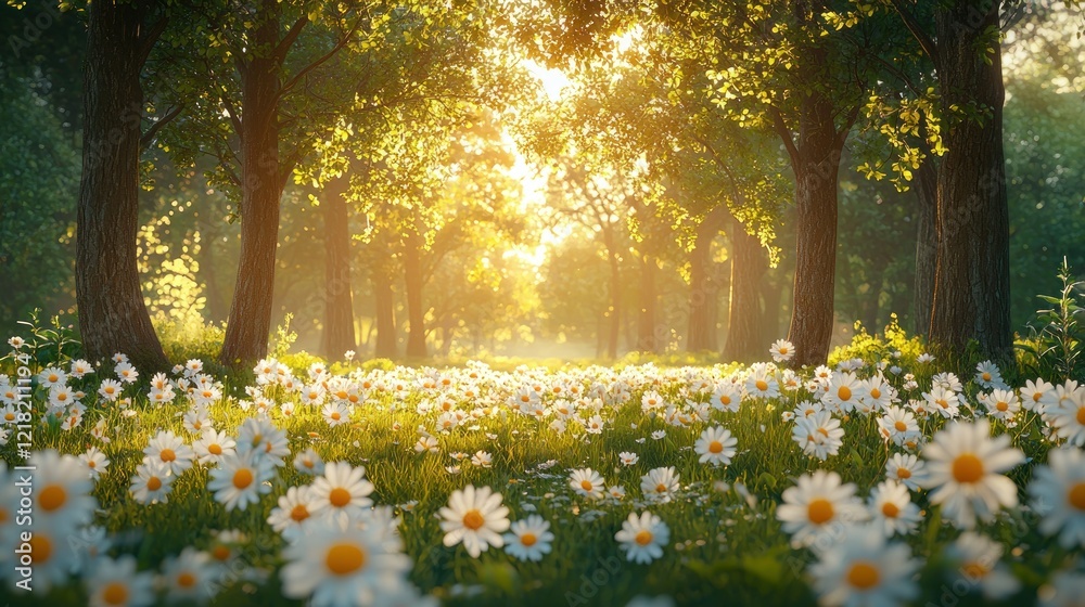 Fototapeta premium Sunlit daisy field path, forest background, idyllic scene