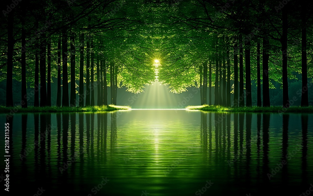 Obraz premium Sunbeams through trees reflected in calm water.