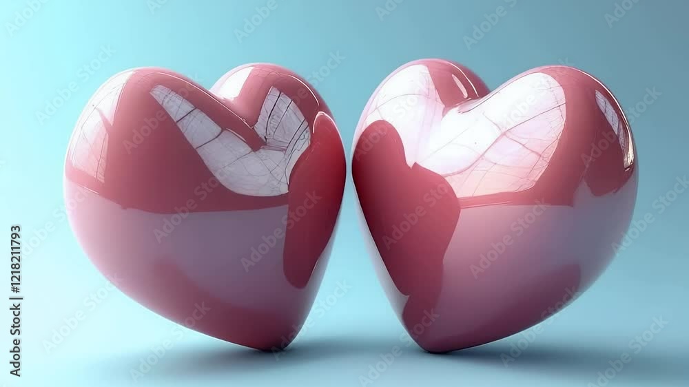 Two glossy hearts, one pink and one white, nestled together on a light blue background.