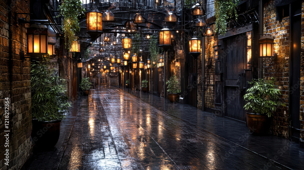 Fototapeta premium dark alleyway illuminated by flickering lanterns, creating mysterious atmosphere
