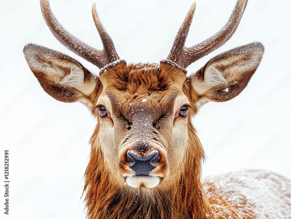 Close-up of a deer with antlers in a snowy environment. Close-up of a deer with antlers in a snowy environment.