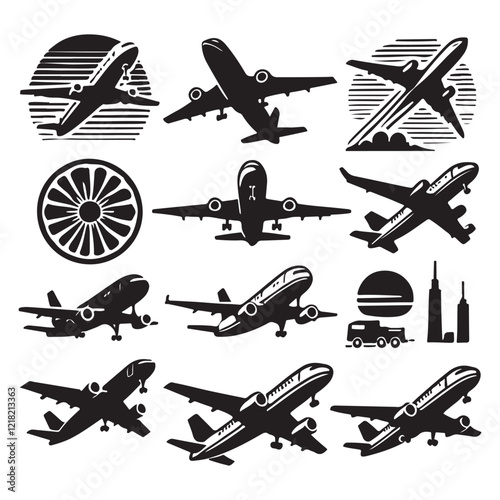 A set of diverse airplane silhouettes, showcasing various models and perspectives (top view, front view, side view).