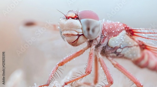 Close-Up Action of Dragonfly with Dewdrops Nature Setting Macro Soft Background Intricate Details photo