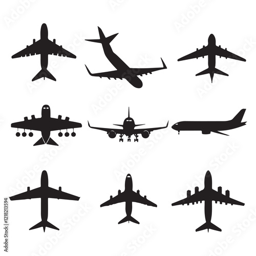 A set of diverse airplane silhouettes, showcasing various models and perspectives (top view, front view, side view).