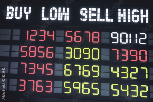 Stock market board emphasizing the value investing principle of buying low and selling high. photo