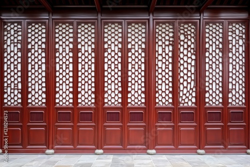 Elegant Traditional Wooden Lattice Wall Design with Rich Red Finish, Showcasing Intricate Patterns and Architectural Beauty in a Serene Environment photo
