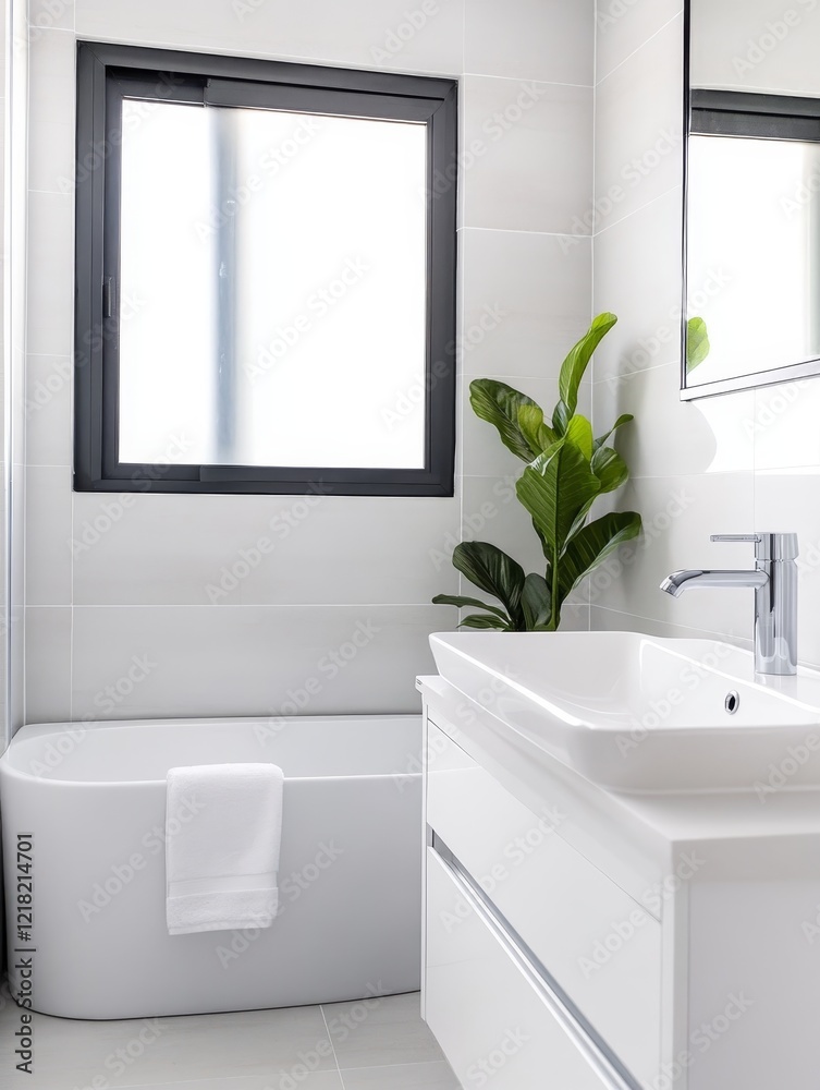 Fototapeta premium Stunning Apartment Bathroom Renovation - Modern bathroom design, clean lines, white fixtures, minimalist aesthetic, tranquil atmosphere.