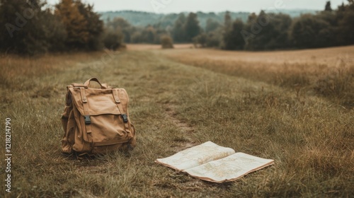 Backpack and map on a grassy path in a rural landscape. photo