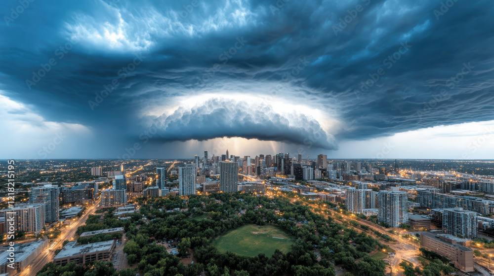 Fototapeta premium Dramatic thunderstorm clouds over city skyline at dusk, illuminating scene