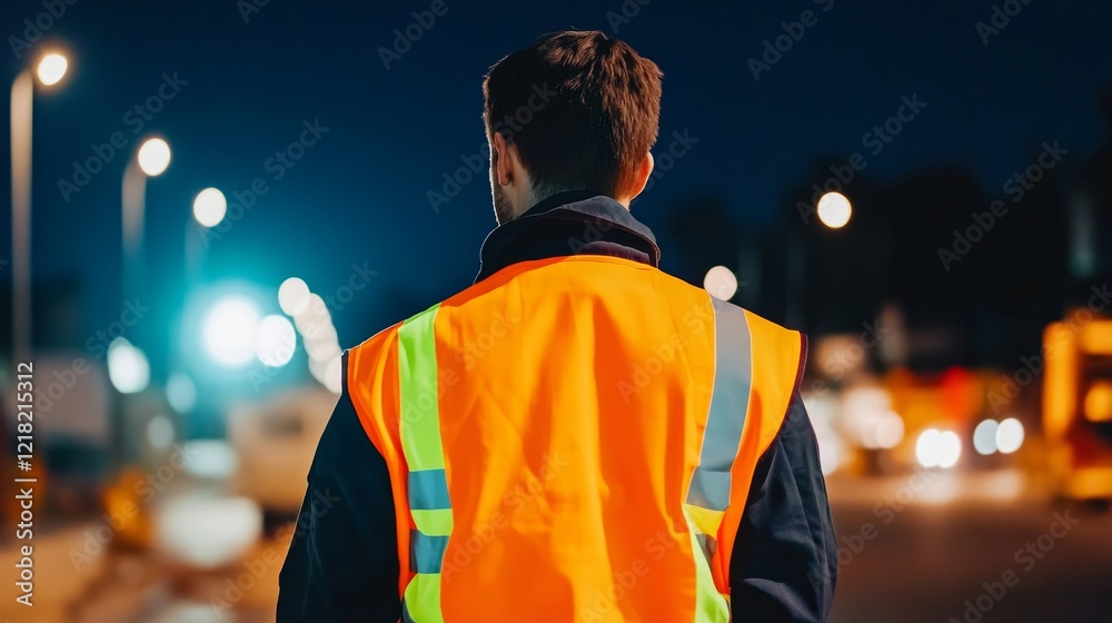 Fototapeta premium Construction worker in a reflective vest standing at night with illuminated site and vehicles in background
